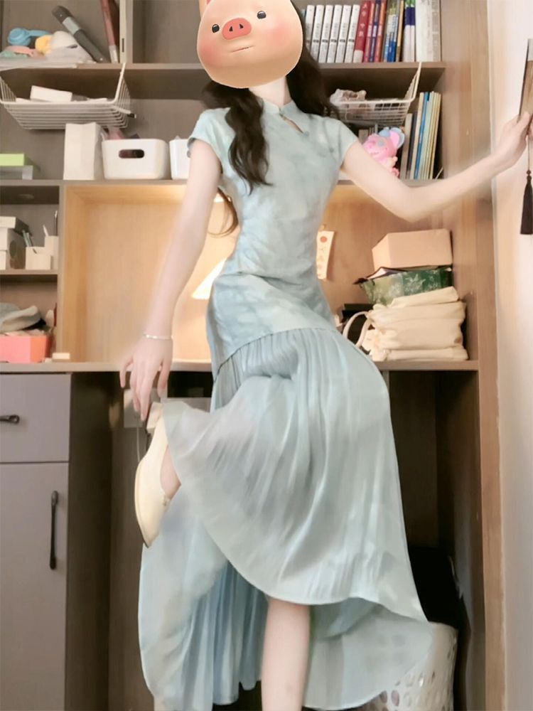 2024夏季新款新中式改良旗袍国风蓝色盘扣提花长裙子清冷感连衣裙