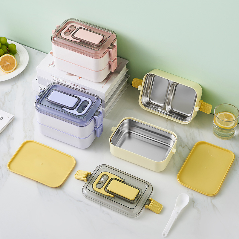 Ins style double layer large capacity stainless steel lunch box portable insulation lunch box adult office worker lunch box wholesale