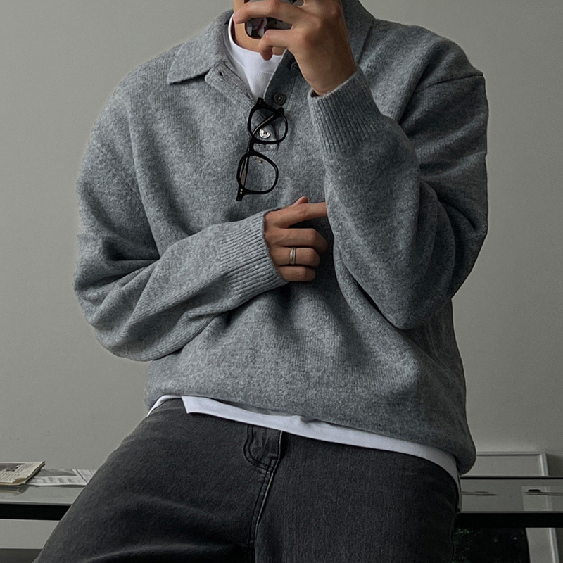 Trendy New Dongdaemun Korean Men's Turn-Down Collar Sweater Designer Polo Collar Skin-Friendly Loose Knitwear