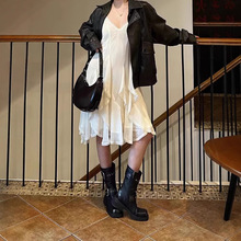 超仙垂感不规则蕾丝花边新款雪纺设计感无袖V领百搭吊带连衣裙女