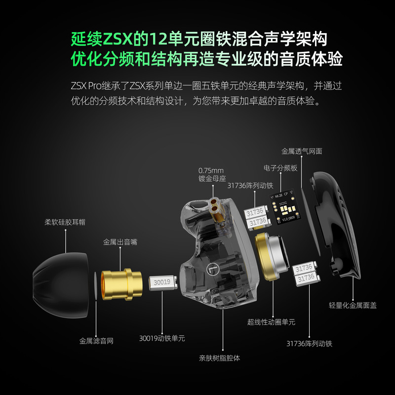 KZ ZSX PRO 5BA + 1DD ハイブリッドドライブヘッドフォン HiFi 音楽スポーツゲーム交換可能なケーブルヘッドフォン|undefined