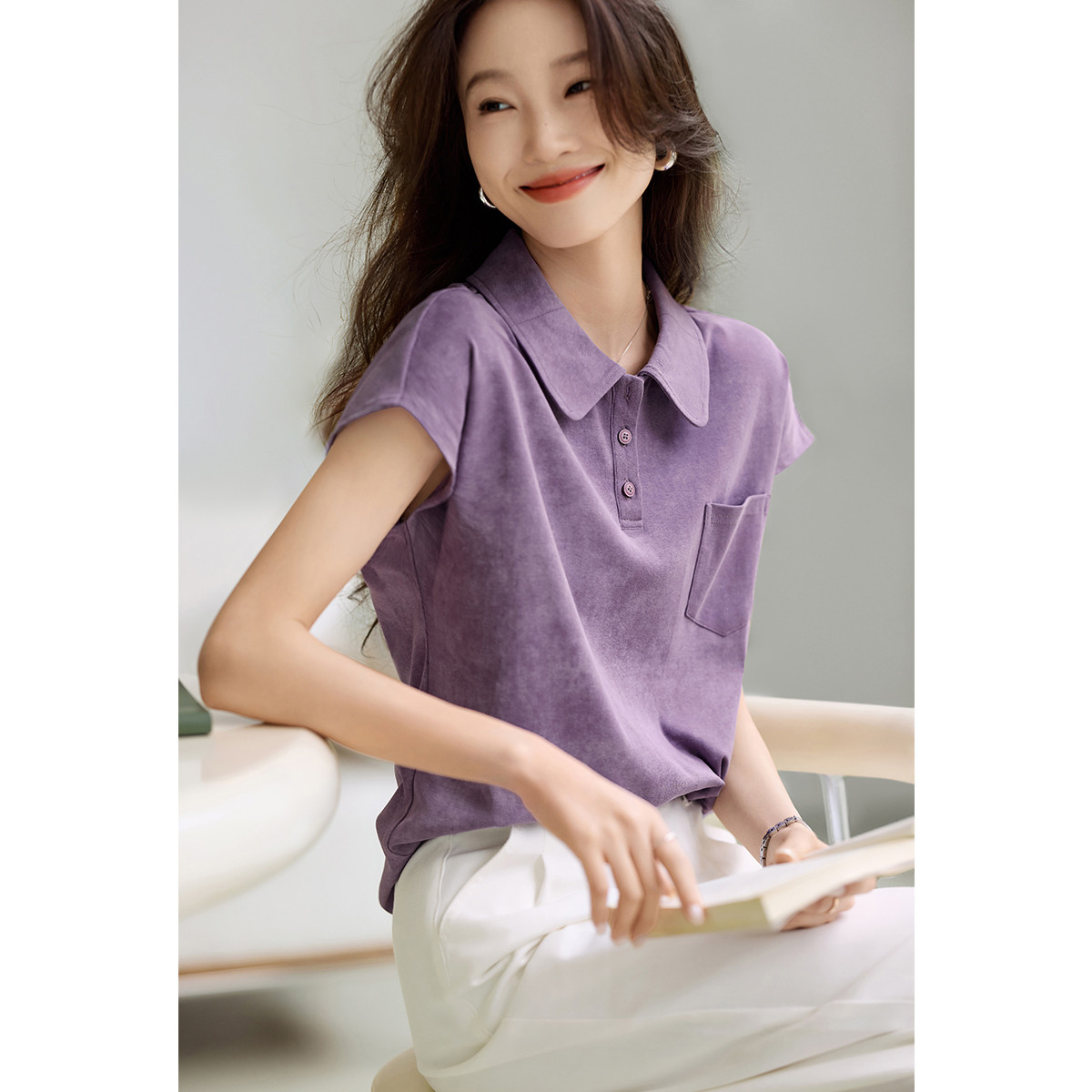 Áo thun polo cổ bẻ nữ họa tiết loang màu mùa hè — tím chi tiết 1