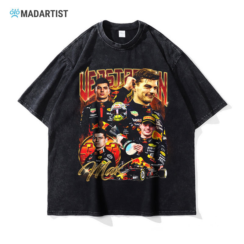 Madartist T-Shirt F1 Racer Max Verstappen Washed Retro Short-Sleeved Trendy Brand Men