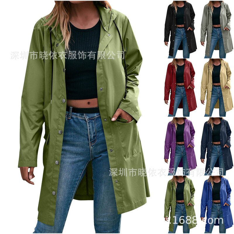 Amazon Cross-Border European and American Foreign Trade New Women's Casual Windbreaker Hooded Jacket Long Rainproof Thickened Raincoat Amazon Cross-Border European and American Foreign Trade New Women's Casual Windbreaker Hooded Jacket Long Rainproof Thickened Raincoat