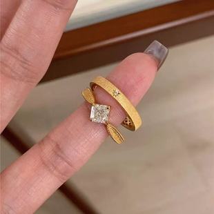 Copper alloy ring Retro princess square diamond brushed craft gold ring for women Eight-point star index finger ring high-end ring