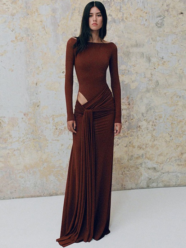 Cross-Border European and American Clothing Autumn and Winter New Solid Color Round Neck Long-Sleeved Sexy Waist-Exposed Twist Strap Hip-Hugging Dress for Women