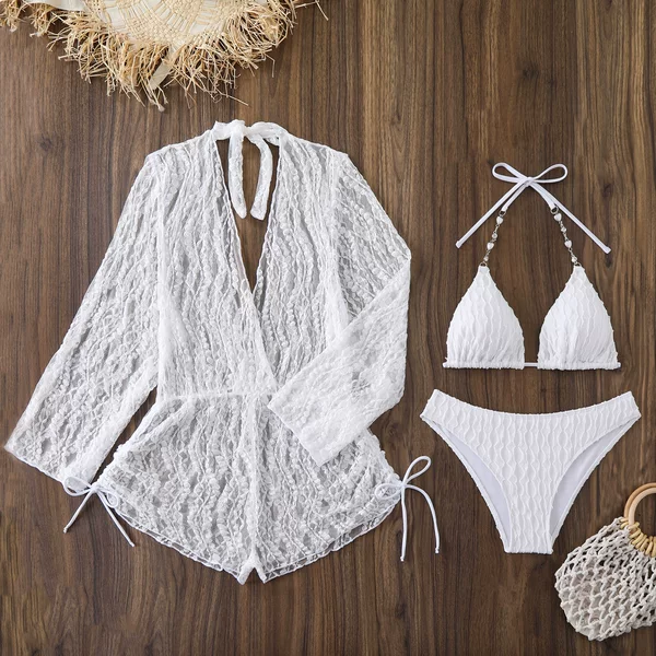 Three-Piece Swimsuit Set for Women, Long-Sleeved Mesh Cover-Up, Hot Girl See-Through Bikini, Foreign Trade Vacation Swimsuit
