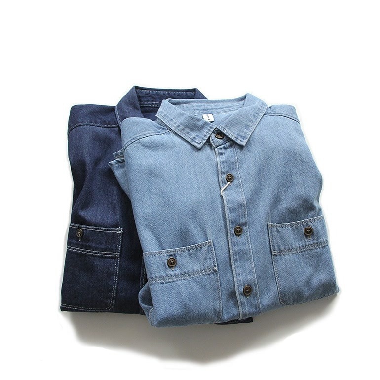 Retro Solid Color Denim Shirt For Men Loose Casual Workwear Top_voghion.com
