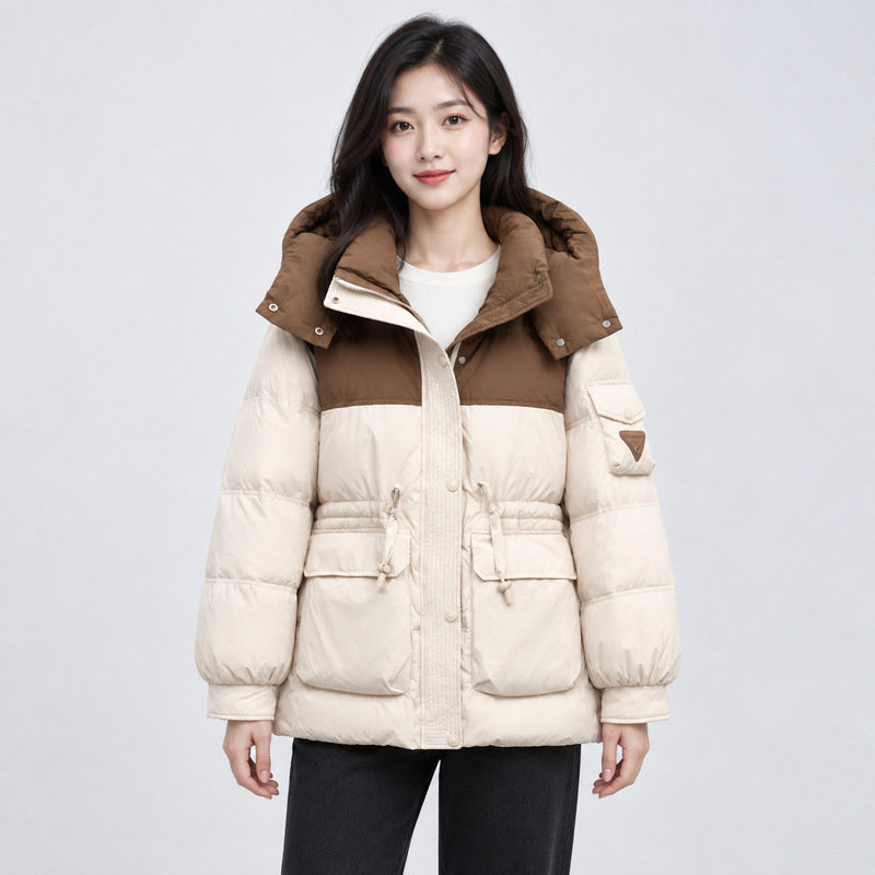 Pinghu Loose Color-block Hooded Warm Winter Bread Clothing White Duck Down Zipper Long-sleeved Thickened Down Jacket Jacket Pinghu Loose Color-block Hooded Warm Winter Bread Clothing White Duck Down Zipper Long-sleeved Thickened Down Jacket Jacket