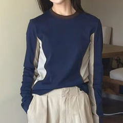 法式休闲拼接撞色长袖上衣女2025秋季新款百搭修身显瘦设计感上衣