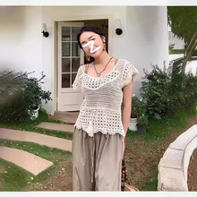 韩系镂空钩花短袖针织衫女装夏季设计感小众叠穿系带流苏罩衫上衣