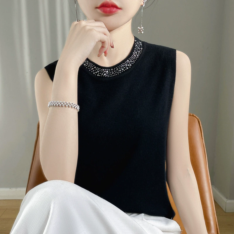 Жилет с круглым вырезом, женский летний нижний свитер, тонкий трансграничный свитер, летняя 2025 новый блузка с бриллиантами