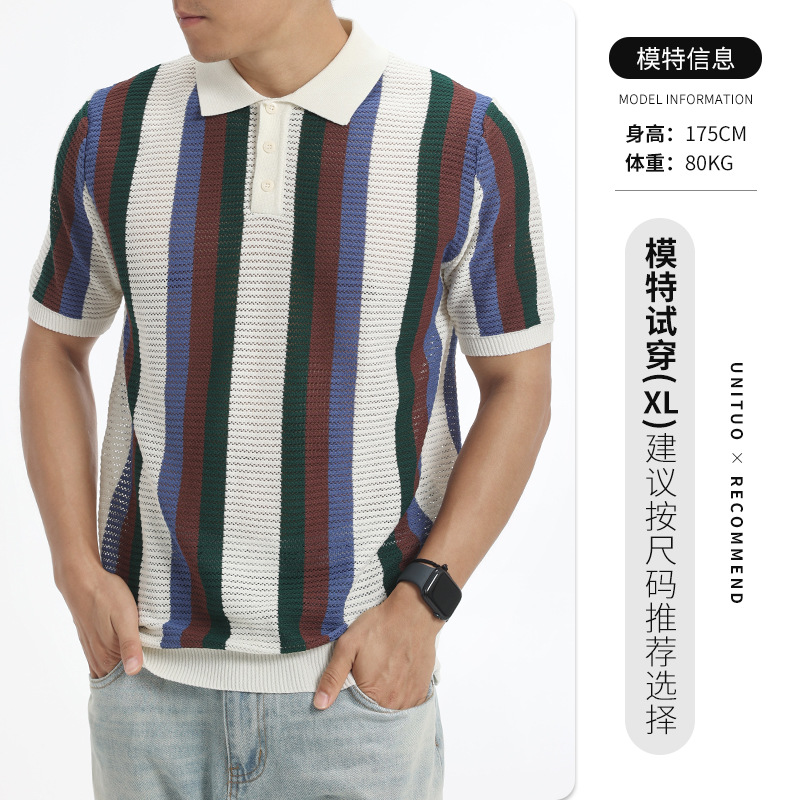 Verano para hombres barra vertical hueco de hielo de punto polo botón de solapa ligero de negocios camiseta casual camiseta superior