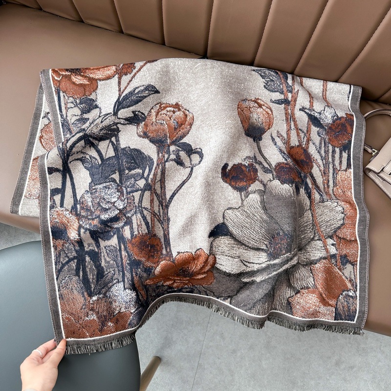 新款复古油画围巾女高级感秋季仿羊绒提花保暖围脖女送妈妈款披肩|undefined