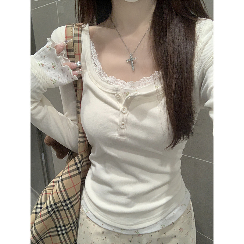Sweet U-Neck Lace-Trimmed Long-Sleeve T-Shirt for Women, Ruched Base Shirt, Early Spring 2026 Fake Two-Piece Pure Desire Button-Up Top