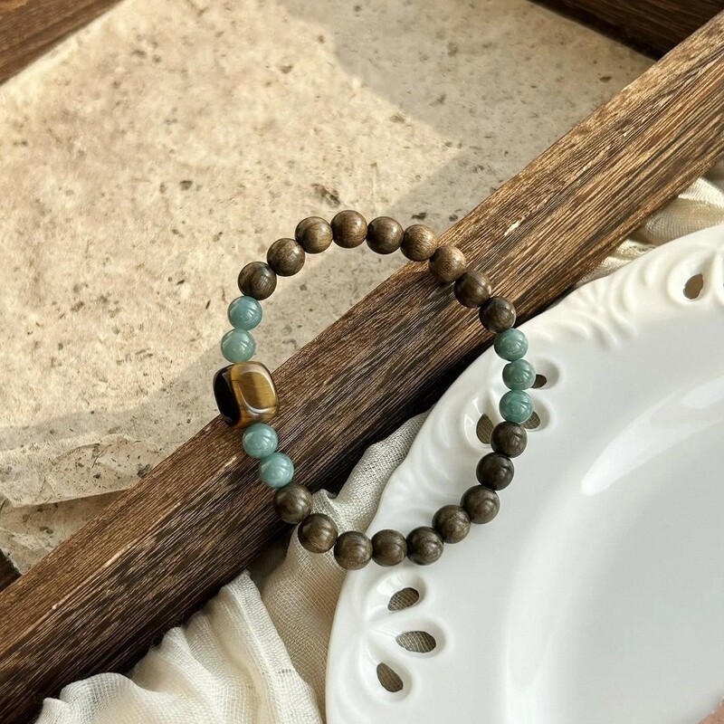 New Chinese Style Natural Sandalwood Beaded Bracelet, Chinese Style Versatile Natural Stone Bracelet, Yellow Tiger Eye Sugar Cube Green Sandalwood Bracelet