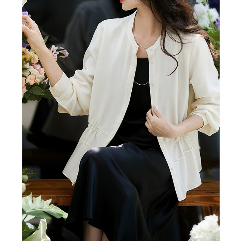 Silk Twill French-Style Blouse with a Cinched Waist, Cardigan Jacket, Stand-Up Collar Top, White Shirt for Women, Spring Season, High-End Feel