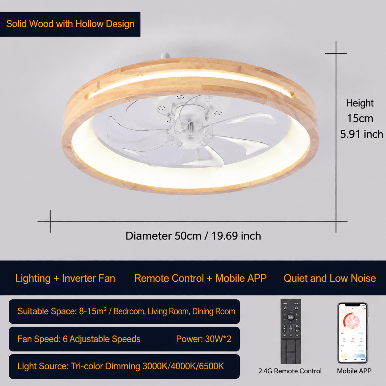 Lámpara Ventilador de Techo de Madera con Control Remoto para Dormitorio y Estudio