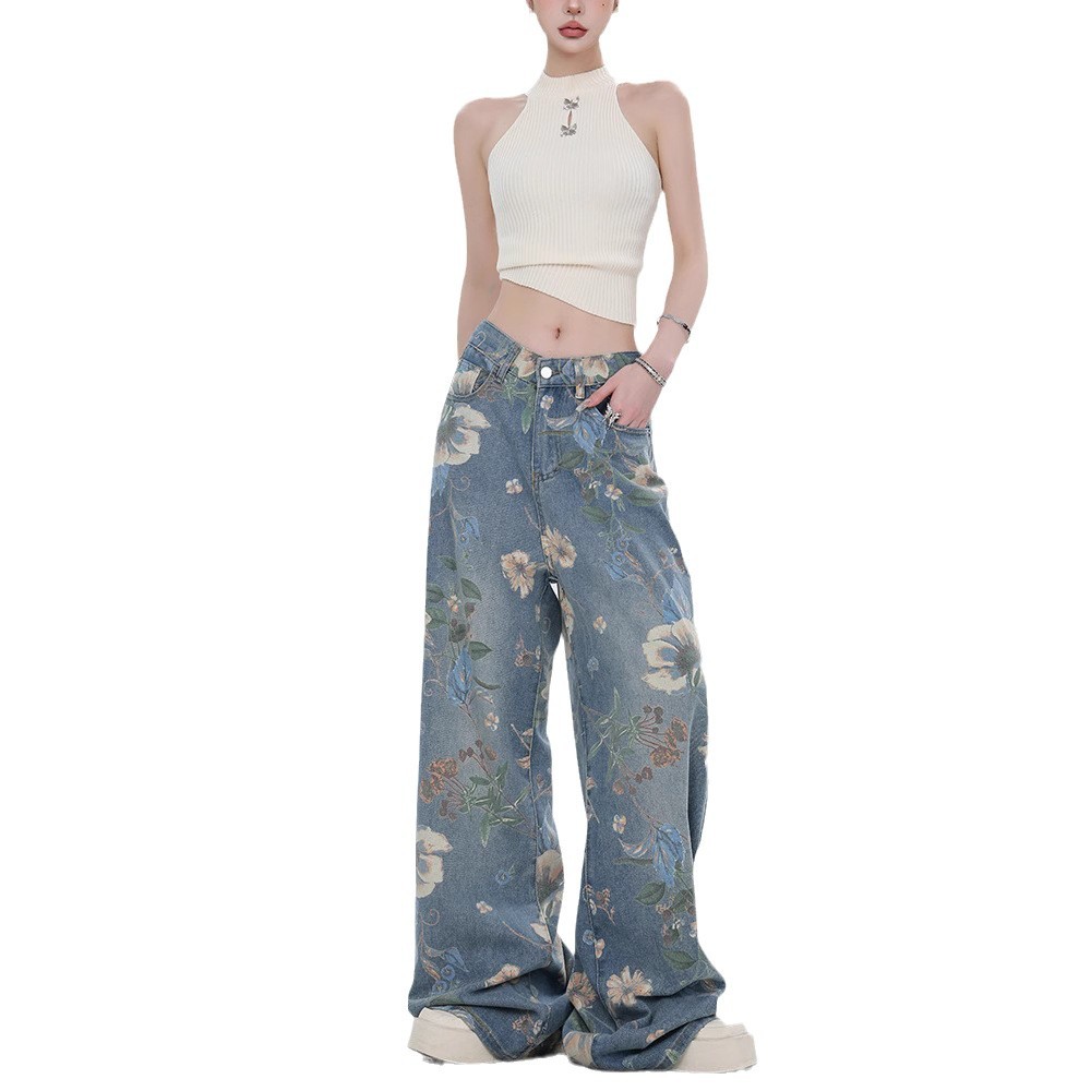 Full Print Flower Wide Leg Washed Jeans Men's and Women's Mid-Waist 2024 New Summer Straight Slim Mop Pants