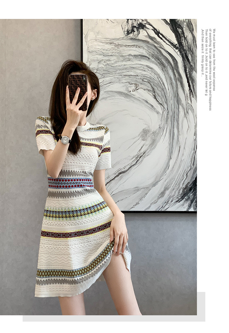 Váy dệt kim ngắn tay phong cách nữ thần sang trọng — màu xanh chi tiết 10