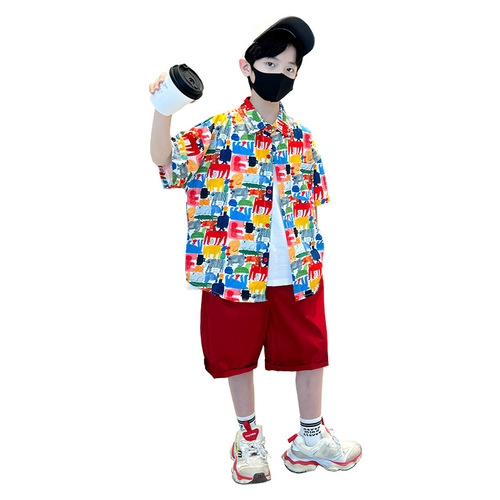 2024 New Summer Graffiti Shirt Set for Boys: Stylish Thin Ice-Silk Quick-Dry Two-Piece Outfit for Older Kids