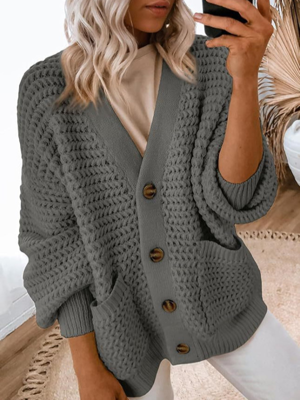 Ladies 2024 Fashion Casual Front Open Long Sleeve Chunky Knit Cardigan Sweater Coat