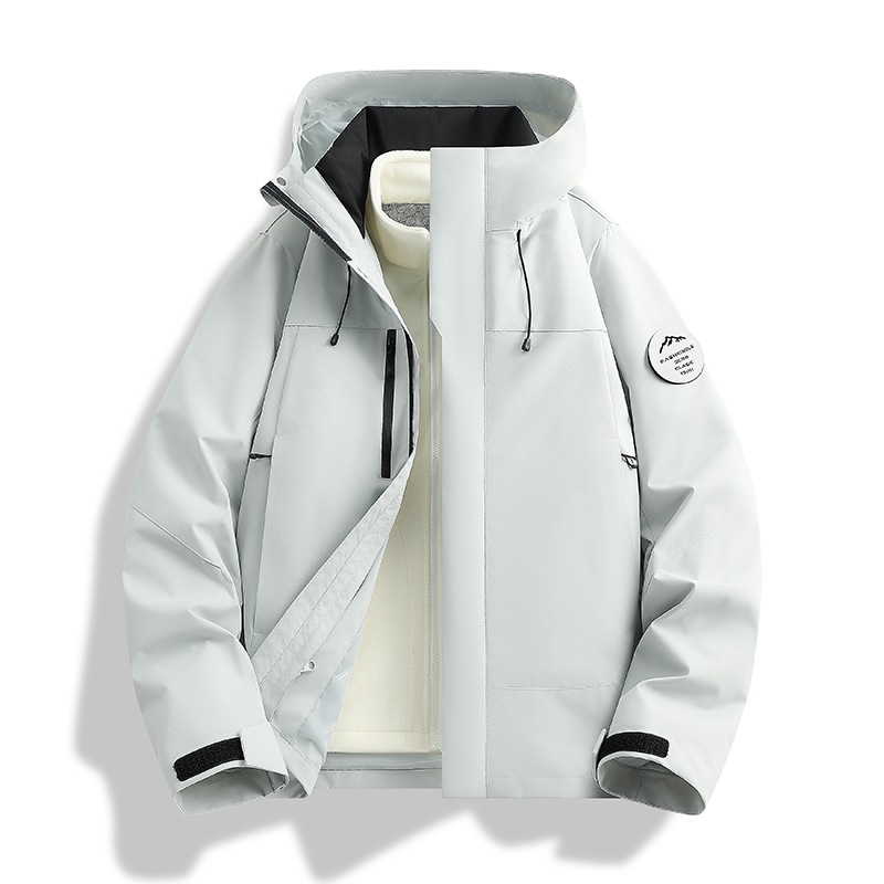 Mountain-style outdoor two-piece jacket set for men and women, water-resistant, warm, fleece-lined, and thickened for autumn and winter hiking