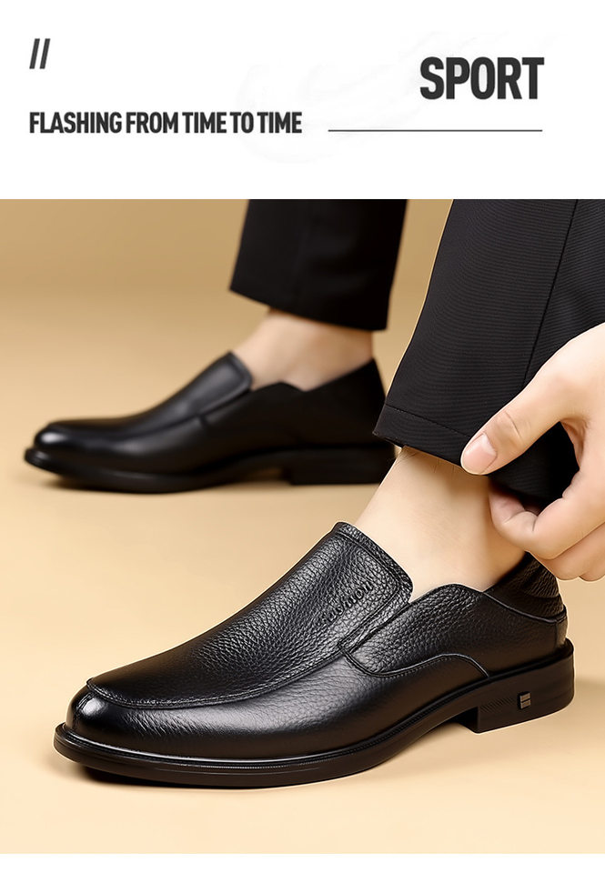 Giày lười nam da bò lớp đầu, đế mềm thân mềm, gót thấp 1–3 cm, kiểu mũi tròn cổ thấp — DT9602 màu đen chi tiết 8