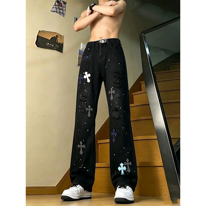 Black ripped jeans with rhinestone crosses for men, OOTD fashion brand straight-leg flared pants with holes and rhinestones