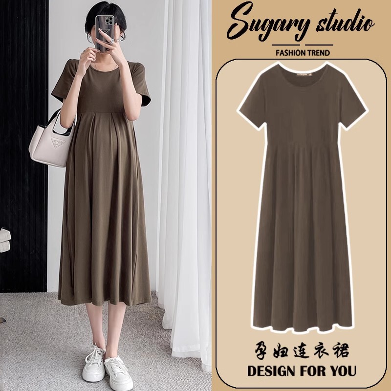 Maternity Summer Short-Sleeved Elegant Loose Dress Long 2025 New Summer Black Skirt Maternity Wear Summer Dress