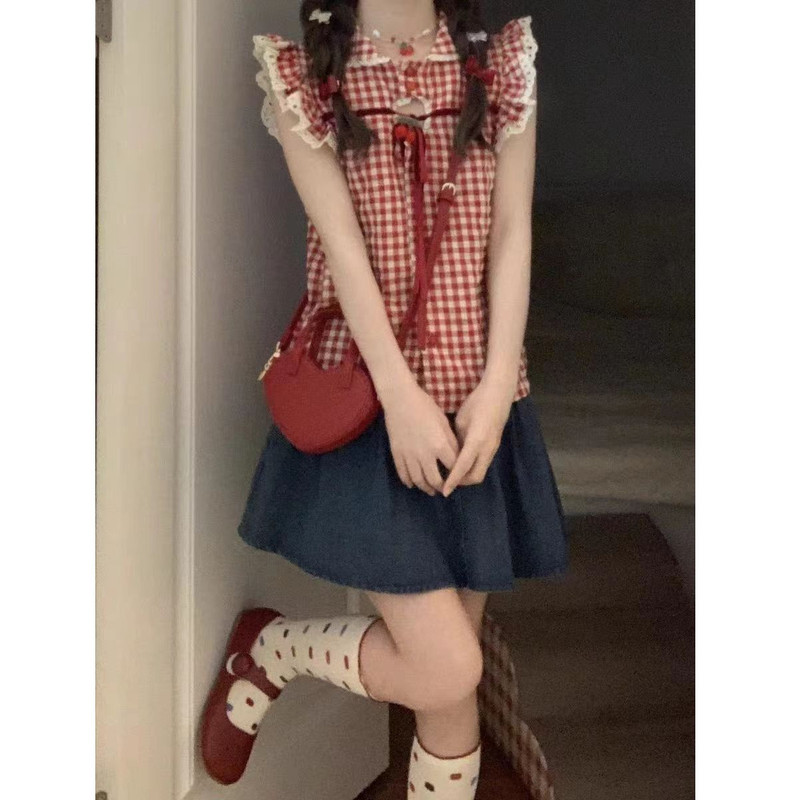 Japanese-Style Lace Trim Bowknot Plaid Flutter Sleeve Shirt for Women, Summer 2026 New Loose Design Top Japanese-Style Lace Trim Bowknot Plaid Flutter Sleeve Shirt for Women, Summer 2026 New Loose Design Top