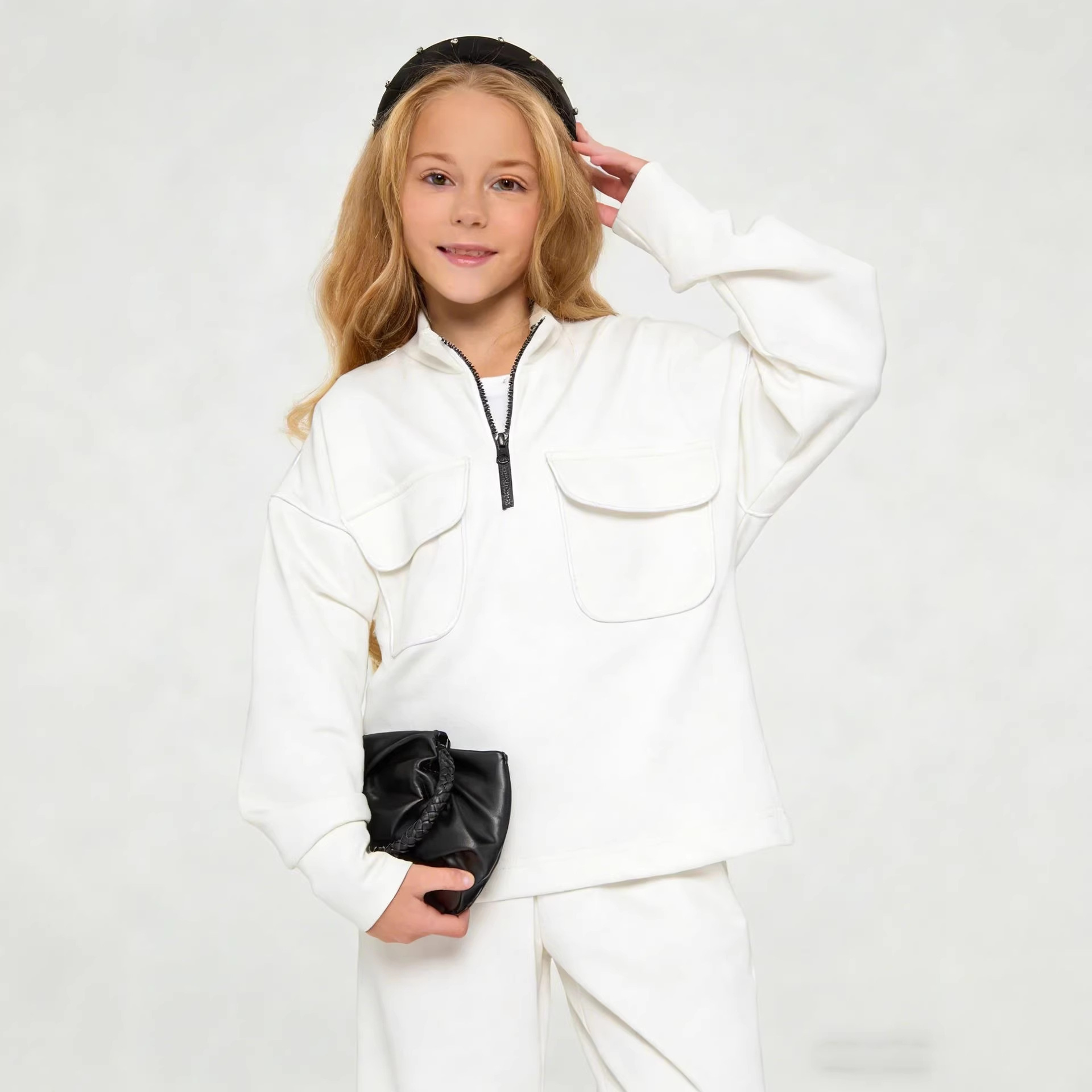 Mädchen-Freizeitoutfit, modisches Streetstyle-Sweatshirt, sportlicher Pullover mit halbem Reißverschluss und Tasche, lange Hose, zweiteiliges Set_voghion.com