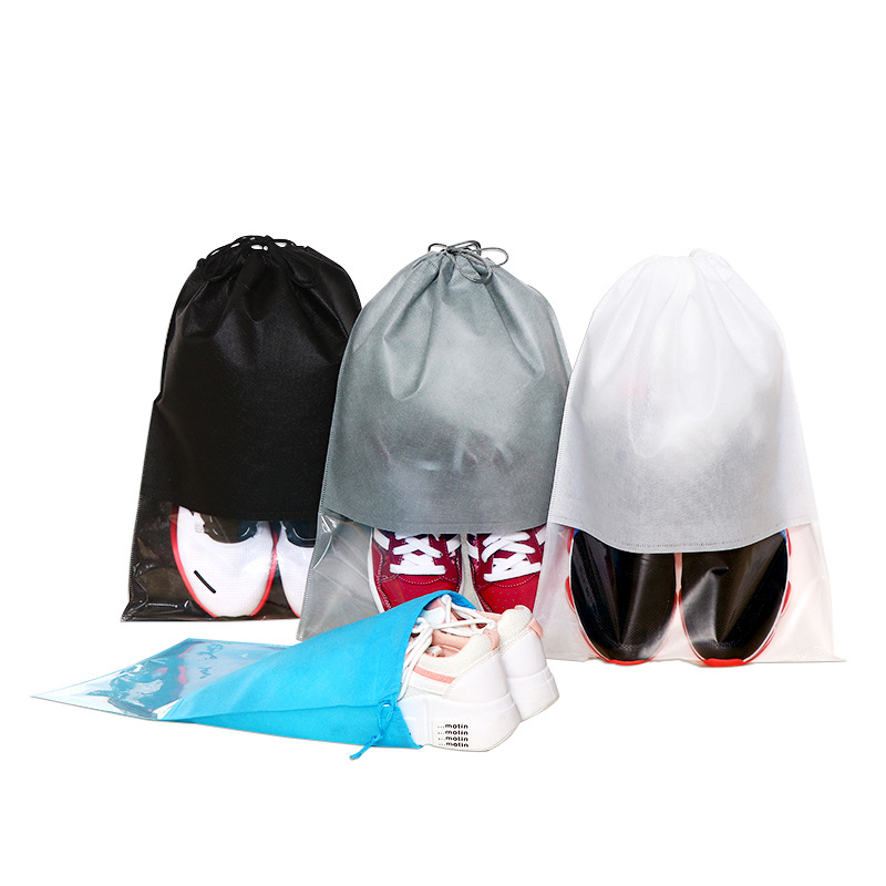 Bolsa de zapatos bolsa de almacenamiento de zapatos ventana transparente tela no tejida bolsa de cordón a prueba de polvo bolsillo con cordón logotipo imprimible