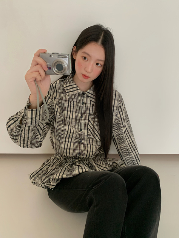 诠释美 NEWOPEN 25秋文艺复古松紧下摆系带长袖翻领格纹衬衫F6050|undefined
