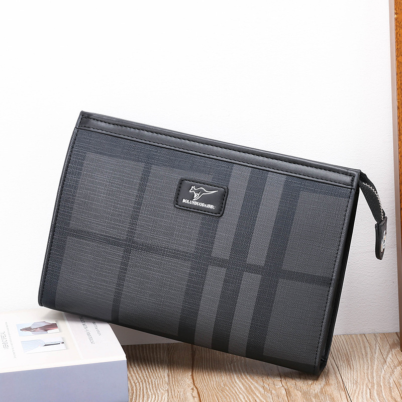 Men's Handbag 2022 New Style Plaid Handbag Men's Large Capacity Clamp Bag Washbag Fashionable Trendy Men's Casual Handbag