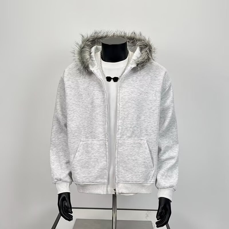 [Same Style at Low Price] American Retro Fur Collar Couple Hooded Zipper Cardigan Sweatshirt Oversize Design Trendy
