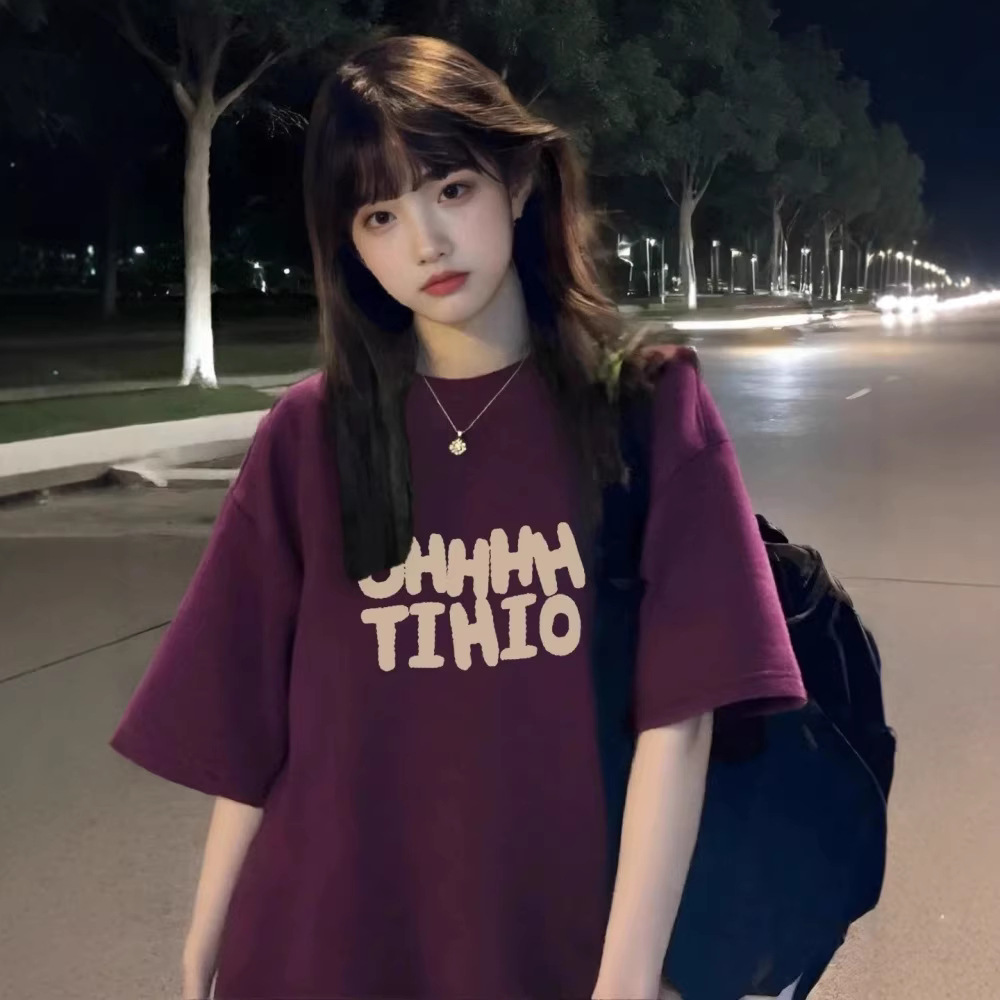 Summer Pure Cotton Design Sense White Loose Grape Purple Short-sleeved T-shirt Women's oversize Loose All-match Trendy Top