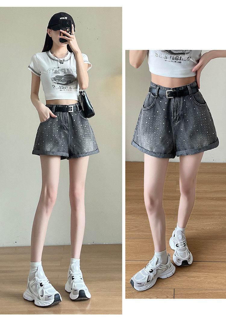 Quần short jean nữ lưng cao, ống rộng, viền chữ A, kiểu mới mùa hè — Xám đen với thắt lưng chi tiết 22