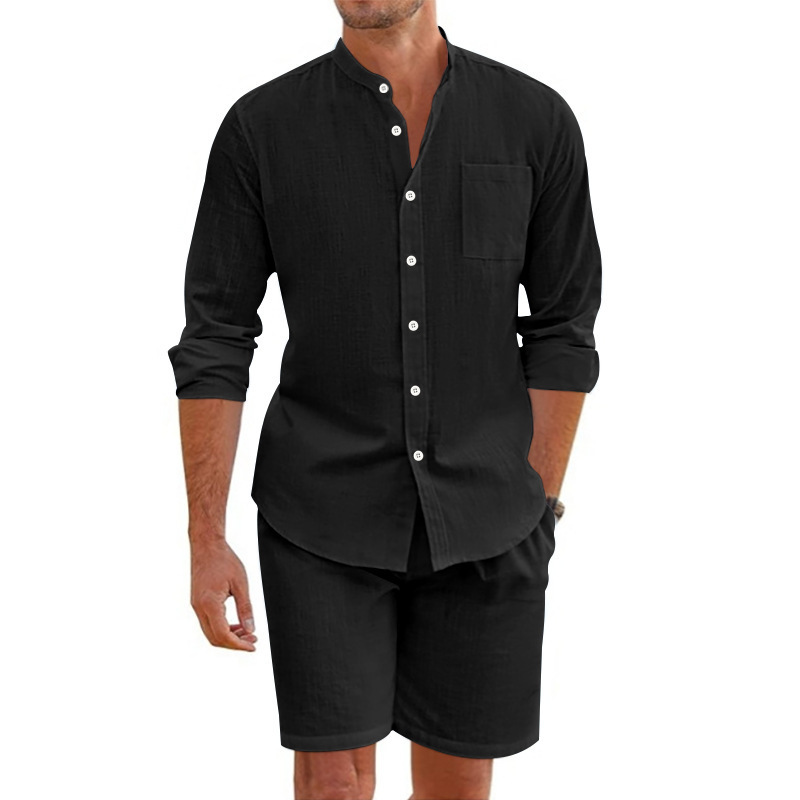 Transfronterizo Amazon hombre de verano de dos piezas camisa de botón de lino cardigán de manga larga camisa casual pantalones cortos set