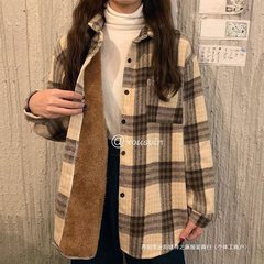 秋冬加绒加厚格子衬衫女复古港味宽松毛呢外套休闲衬衣上衣冬