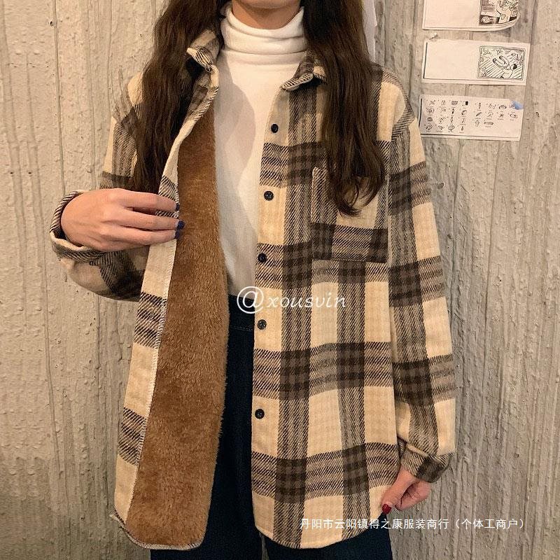 秋冬加绒加厚格子衬衫女复古港味宽松毛呢外套休闲衬衣上衣冬|undefined