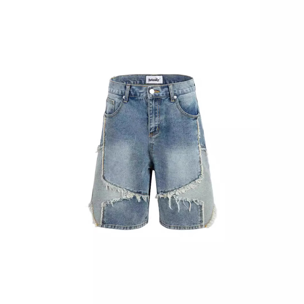 2025 Summer Creative Five-pointed Star Stitching Denim Mid-length Pants American-style High Street Loose Straight Men's and Women's Trendy Shorts