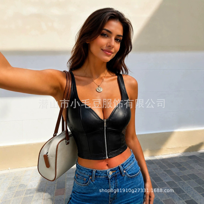 Cross-border PU leather fishbone corset tank top for sexy girls, front-zip short tube top, European and American style women's sexy tube top with straps