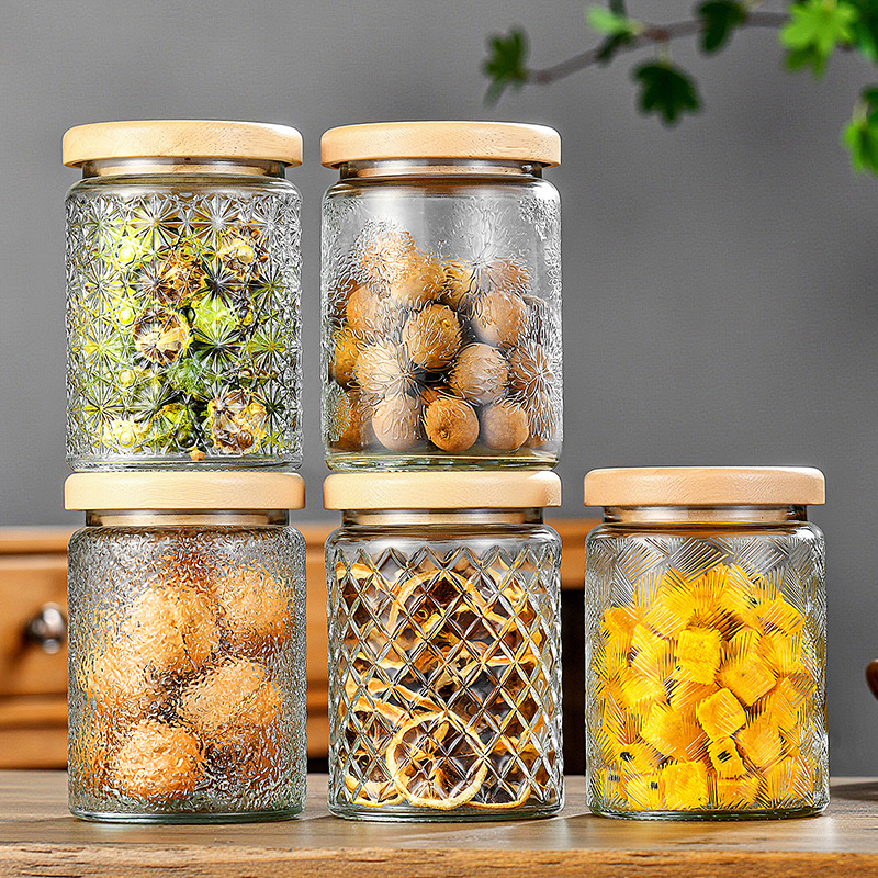 Taza de vidrio sellada Retro Begonia Pattern Glass Jar Household Snack Nut Storage Jar Size Combination