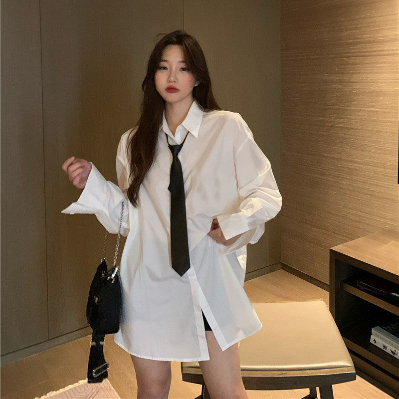 Spring New Women's Mid-Length Shirt Skirt Korean Style Niche Design Tie Loose and Versatile Long-Sleeved White Shirt for Women