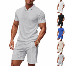 欧美跨境美式宽松男士夏季伯克领休闲华夫格POLO衫短袖短裤套装男