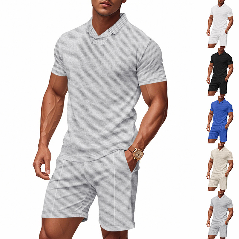 欧美跨境美式宽松男士夏季伯克领休闲华夫格POLO衫短袖短裤套装男