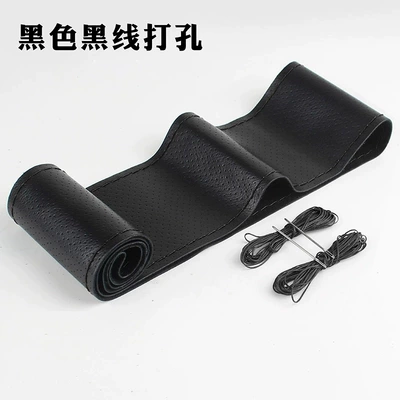 Steering wheel cover, Wheel Cover, Genuine Leather, Hand-Stitched, Suitable - full-piece-of-first-layer-calfskin-black-with-black-lines-and-holes-38cm