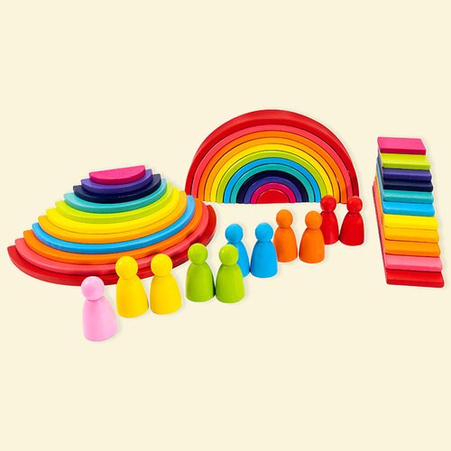 Rainbow building block set, villain geometric shape math teaching aids, wooden stacking high children's educational toys wholesale