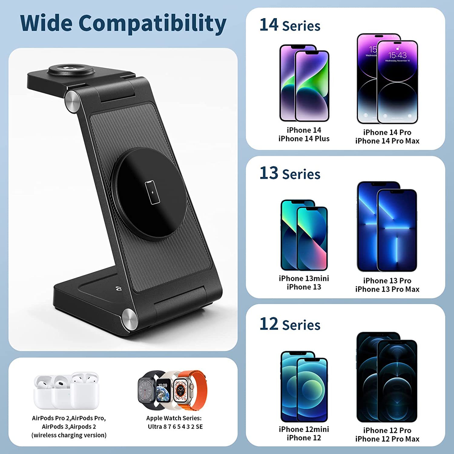 New Vertical Folding Magnetic Three in One Wireless Charger Suitable for Apple 14 Phone Earphones, Watch Charging 15W_voghion.com